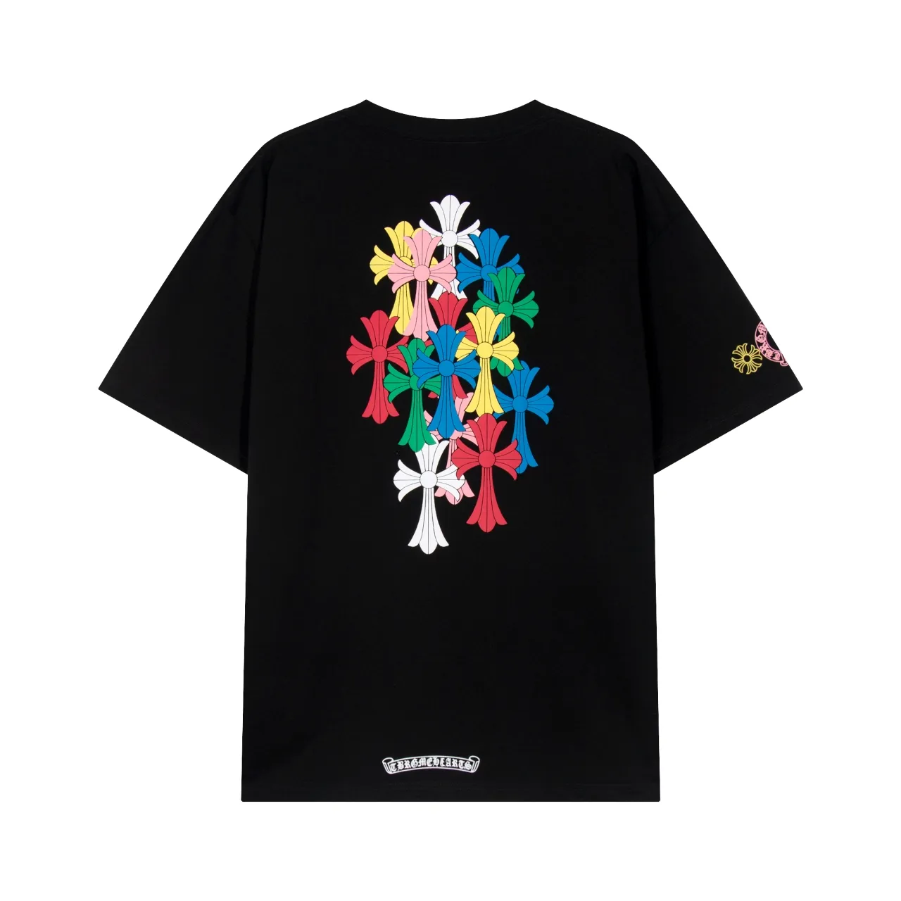 P150 Chrome Hearts Chrome Hearts Sanskrit Rainbow Print Cross Short Sleeve Size: SMLXL Color: Black